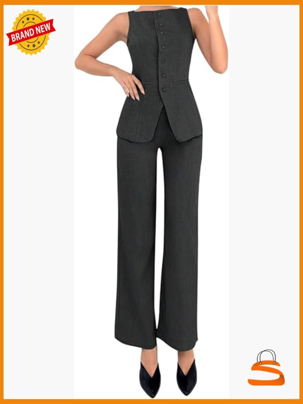 Women's 2 Piece Business Casual Outfit Button Down Sleeveless Vest and Pants Set